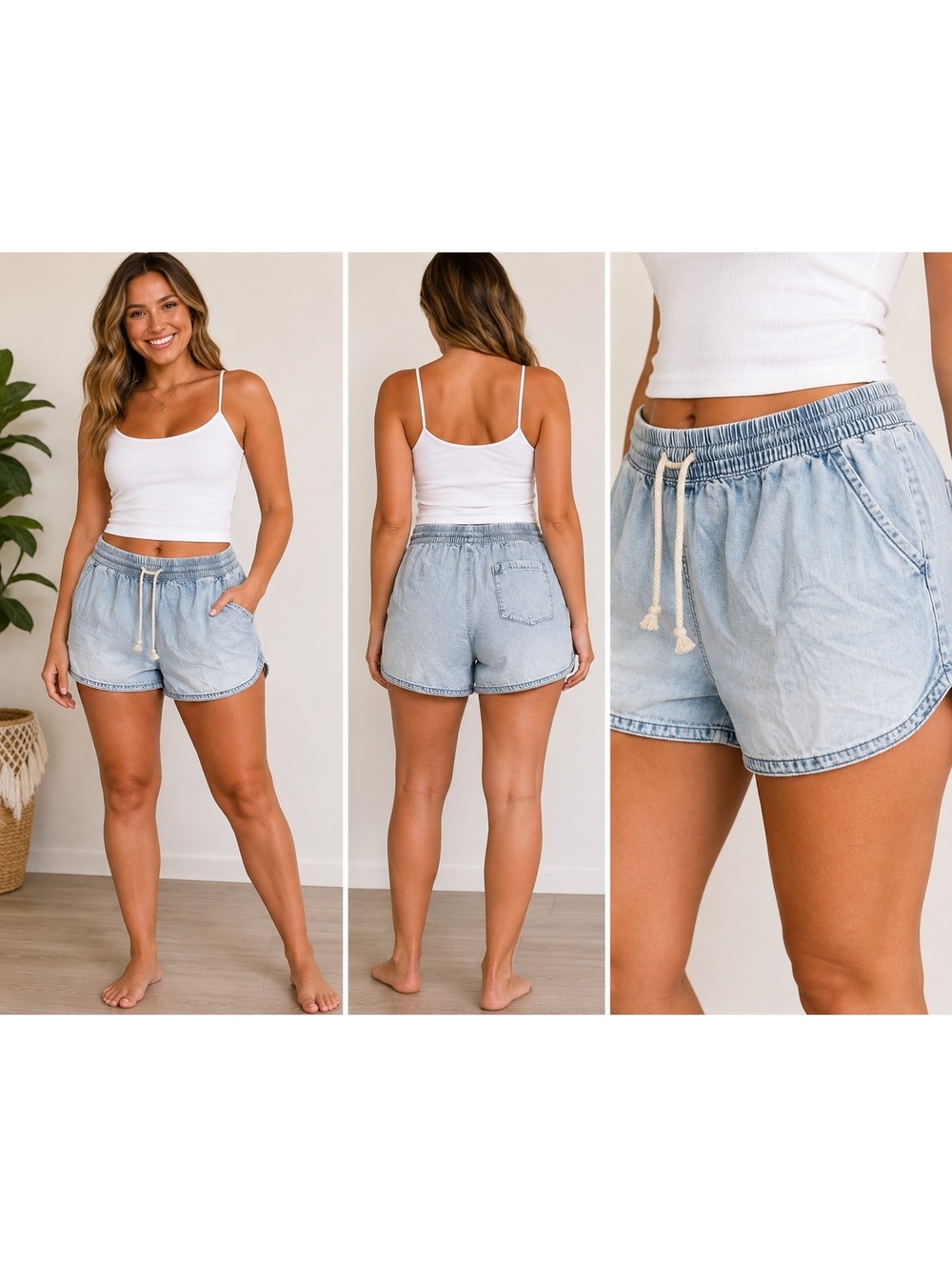 Aerie Women’s L/G Light Wash Chambray Denim Pull-On Shorts Drawstring